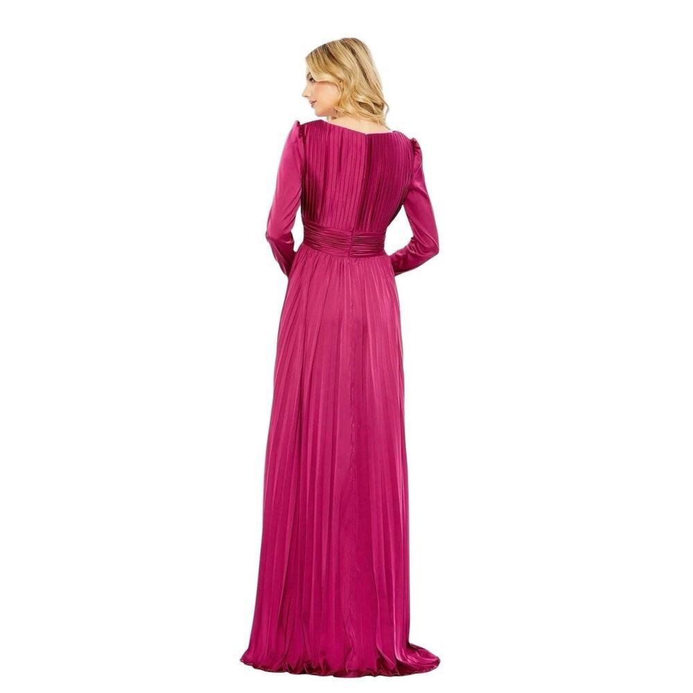 Mac Duggal 26542 Magenta Pleated Satin Long Sleeve Empire Waist Gown Size 8 $458 - Picture 3 of 8